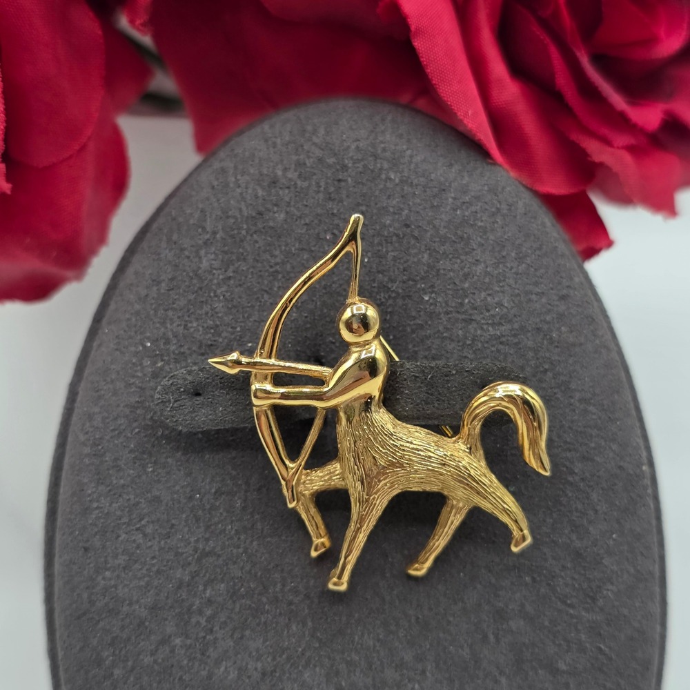 D'Orlan Vintage Gold Tone Sagittarius Centaur Archer Zodiac Brooch Pin Signed